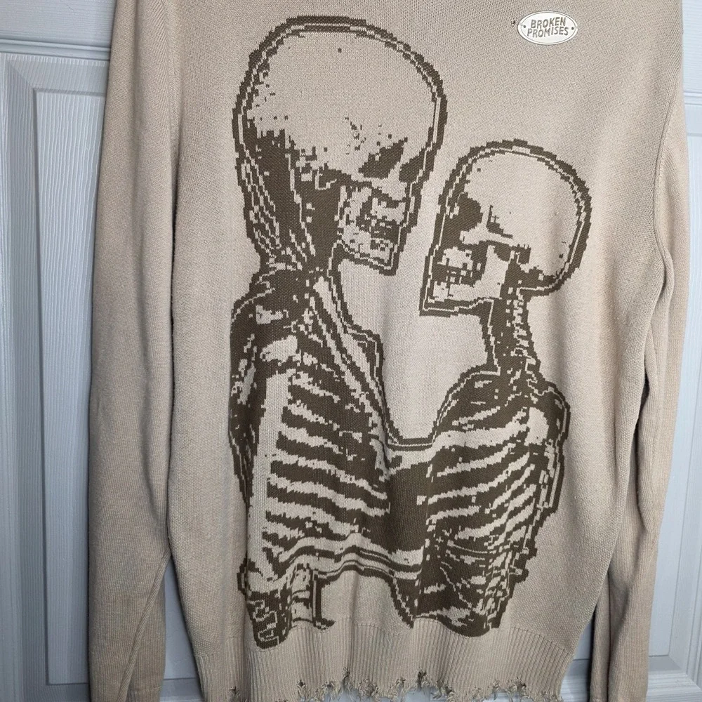 Broken Promises Embrace‎ Skeletons Distressed  Sweater Tan/Brown Small Skater